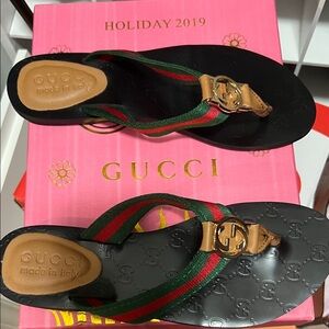 Gucci Black Sandals with Green & Red Web and Gold GG